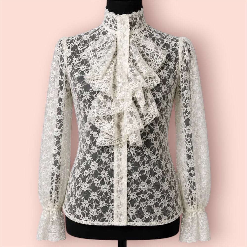 Vtg Alice Stuart Floral Lace Top Ruffle Sz 6 small Ivory Edwardian Victorian